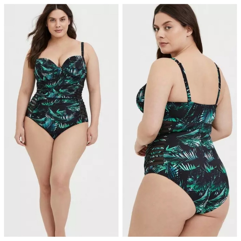 NWT! Torrid Slim Fix Underwire Lattice Side One Piece Swimsuit Black Green Palm